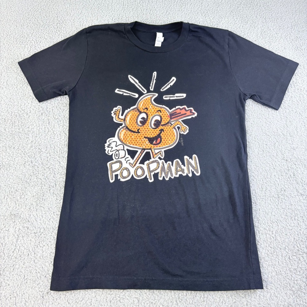 Poopman Graphic T-Shirt Mens S Black Short Sleeve Comic Superhero Parody Tee